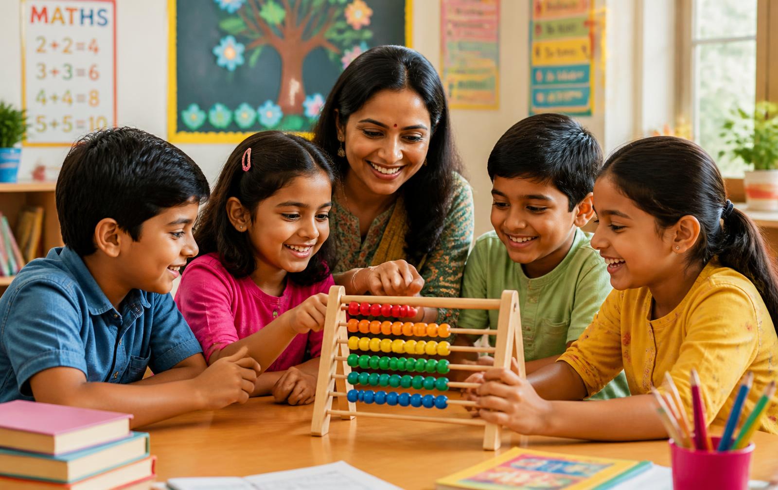 Children learning with a colourful abacus at Genius Abbacus